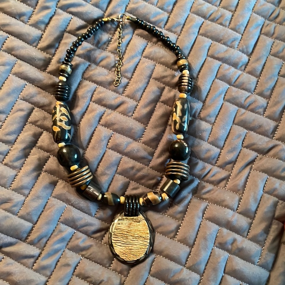 Tribal wood necklace 18” + 2.5” ext
